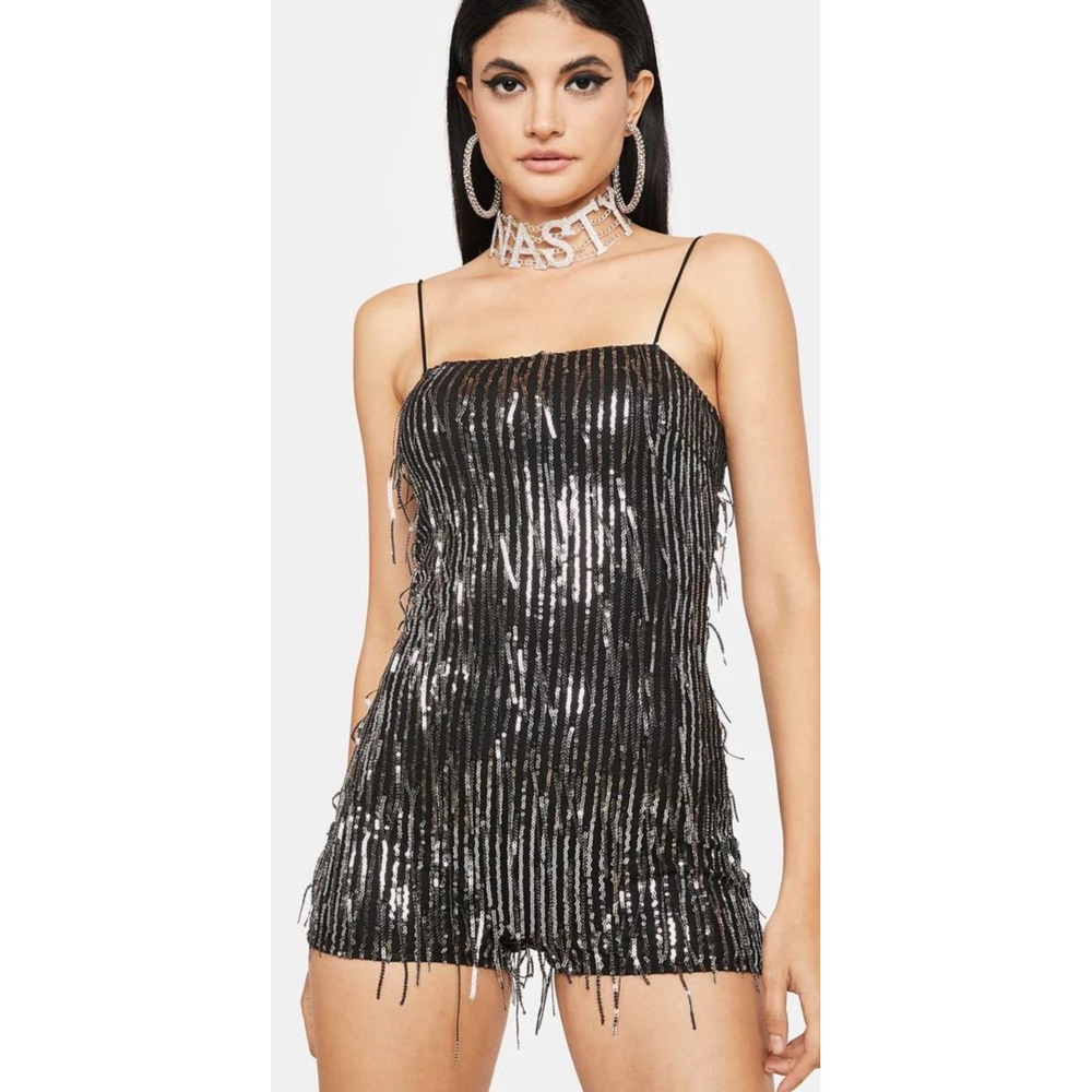 Bar Dance Black Silver Sequin Fringe Romper Party Outfit Womens Medium(26)